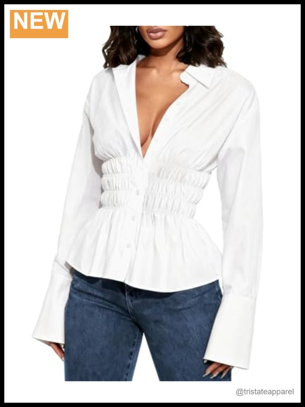 Women's Fitted Long Sleeve Button Down Shirt Cinched Waist Collared Blouse